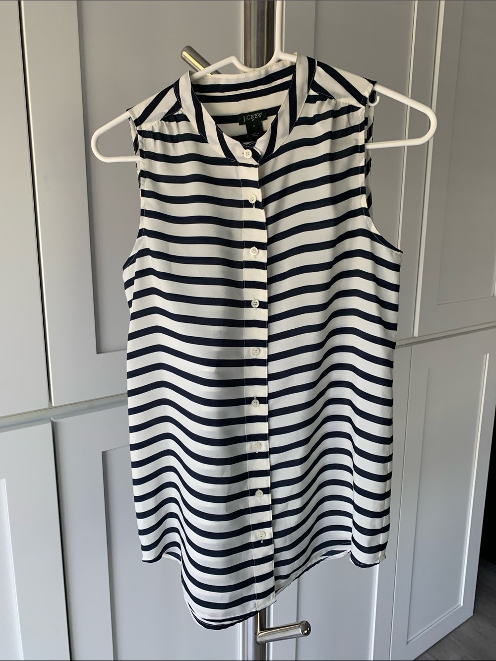 J. Crew Navy and White Striped Sleeveless Button-Down Top, Size 2.